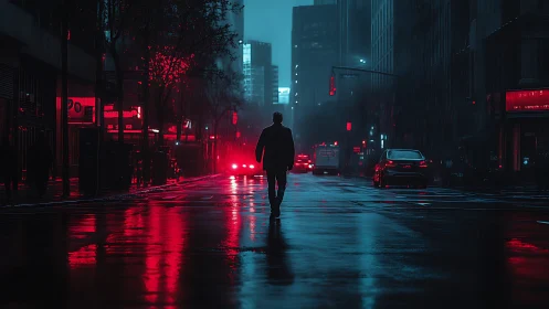 Solitary pedestrian walks through wet neon-lit city street