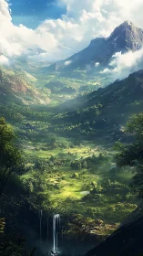 Luminous alpine valley with cascading waterfall and cloud-laced peaks.