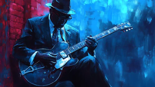 Man in suit plays electric guitar against blue background