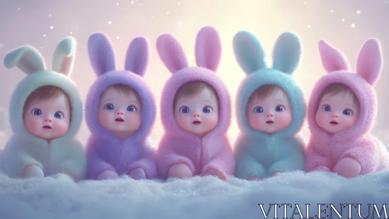 Pastel bunny-suited babies in soft glowing winter scene.