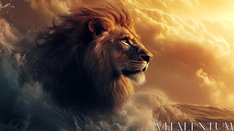Majestic lion emerging from stormy ocean under golden clouds