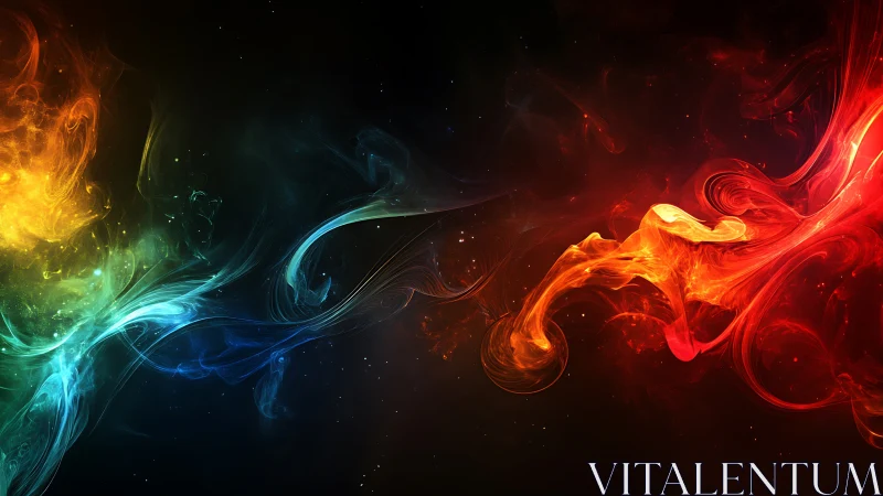Multicolored flowing light forms on dark abstract background.