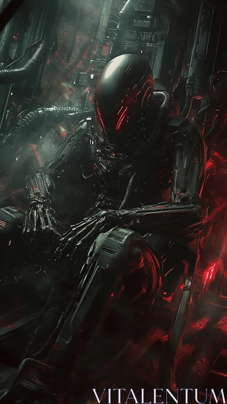 Cyberpunk exosuit sentinel in industrial stasis chamber design.