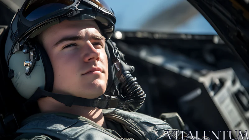 Fighter pilot gazes forward inside modern jet cockpit.