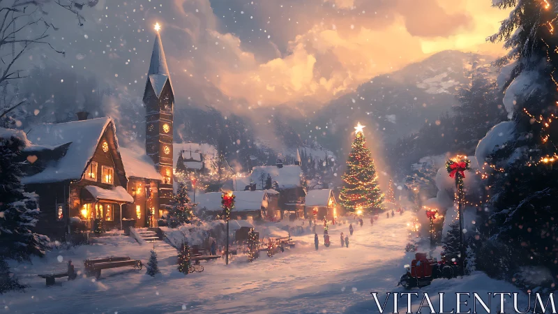 Snowy alpine village under glowing Christmas twilight sky.