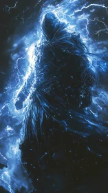 Storm-wrapped wraith strides through crackling electric midnight