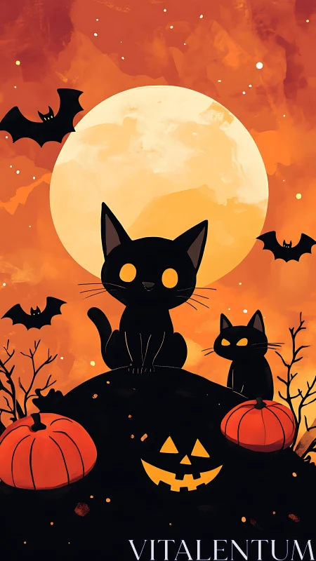 Black Cat and Jack O'Lantern Under Harvest Moon