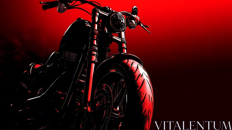 Low-angle red-lit motorcycle silhouette on bold gradient.