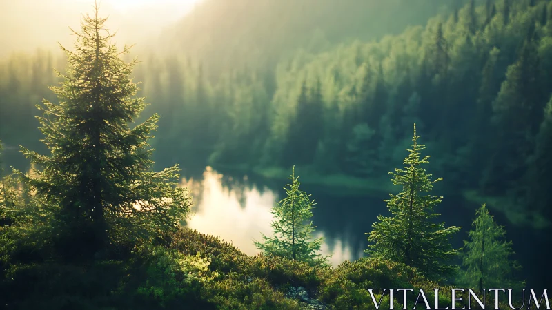 Misty Mountain Lake Surrounded by Dense Evergreen Forests