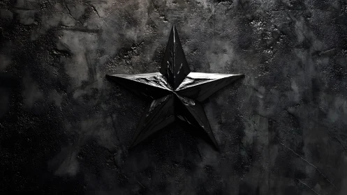 Glossy Black Metal Star on Textured Dark Concrete Wall.