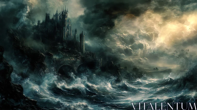 Storm-lashed gothic fortress on a dark, turbulent coast.