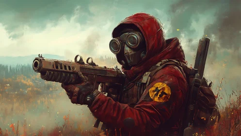 Post apocalyptic soldier with gas mask and rifle in field.
