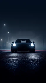 Sports car headlights cut through wet night highway fog
