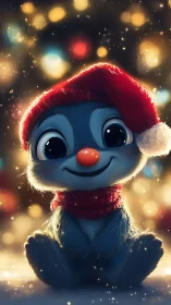 Cute blue creature wears red Santa hat under festive lights