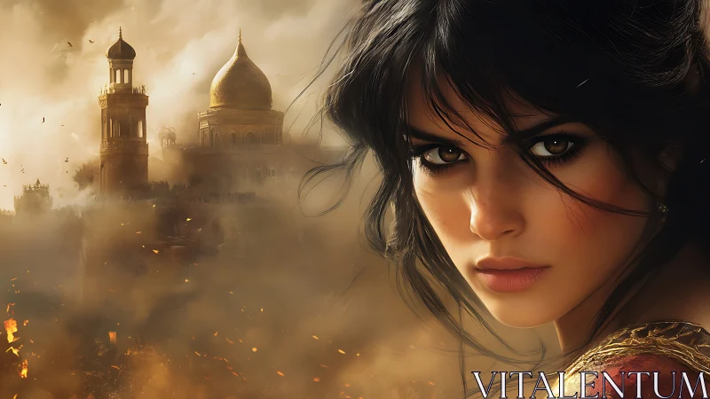 Warrior woman watches burning desert city under smoke