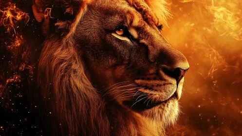 Majestic lion portrait framed by incandescent flames and embers.