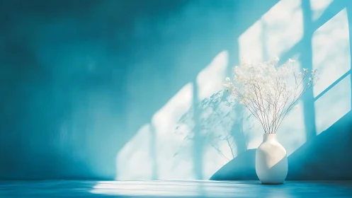 Minimalist white vase in sunlit blue interior shadows.