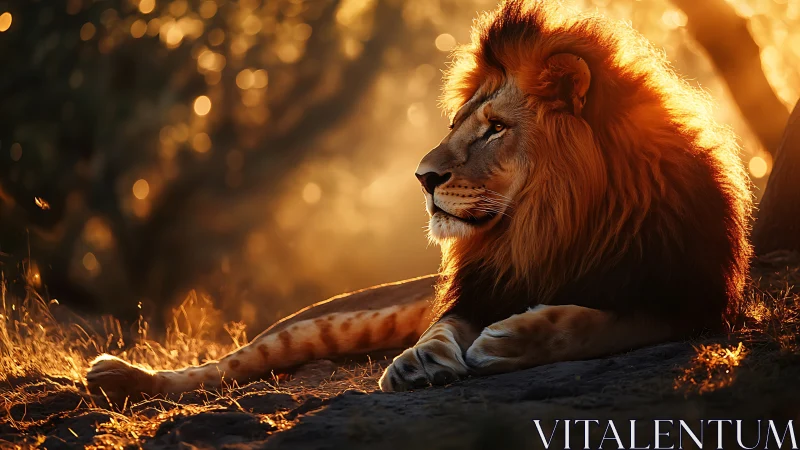 Backlit lion portrait in golden hour wildlife composition.