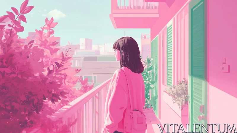 Girl on pastel balcony in soft urban daylight scene.