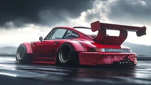 Widebody track-spec red coupe with extreme aero and wet-surface reflections