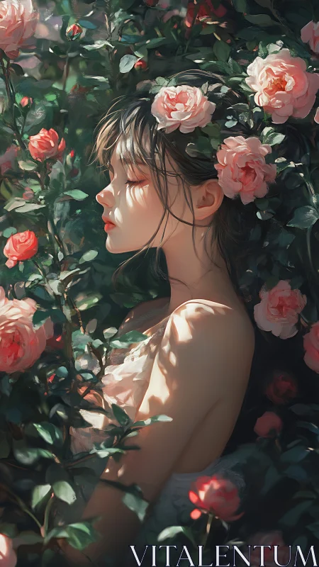 Dreaming girl rests in rose garden dappled with sunlight