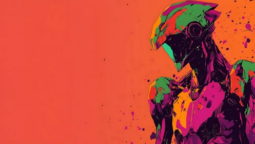 Neon-splashed robot guardian paused in quiet reflection.