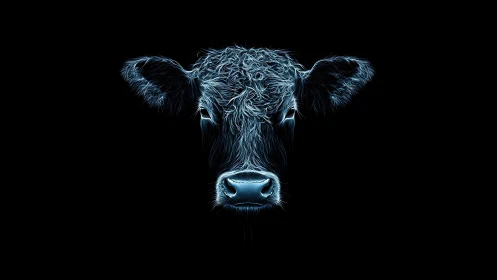 Neon line art cow head on black background in profile.