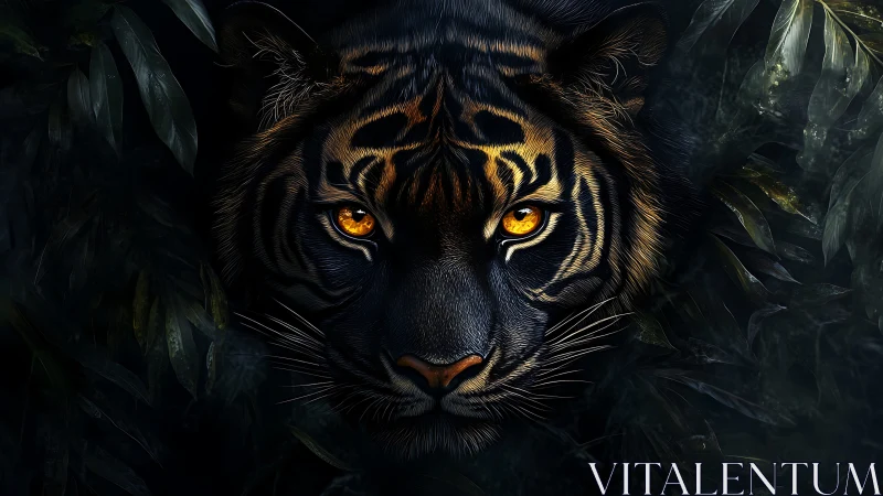 Golden-eyed jungle tiger emerging from velvety shadows.