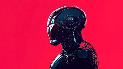 Chrome-slick android profile under neon crimson skies.