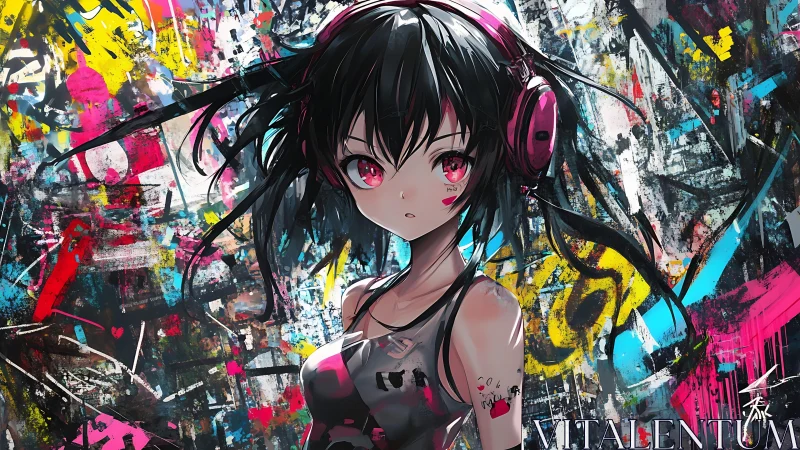 Graffiti backdrop frames intense girl with pink headphones.