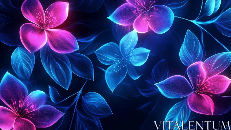 Neon Floral Garden. Digital Abstract Flowers.
