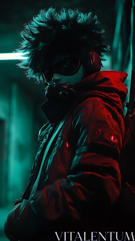 Masked urban vigilante in teal-red rim lighting, cinematic portrait