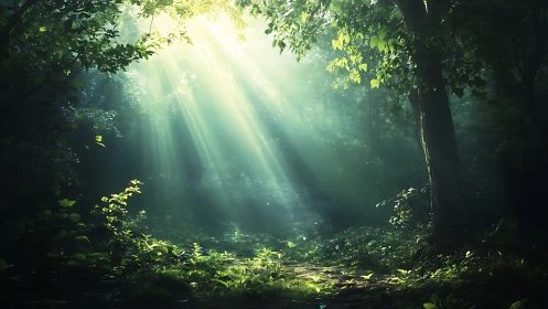 Dense forest interior with directional light penetration through canopy