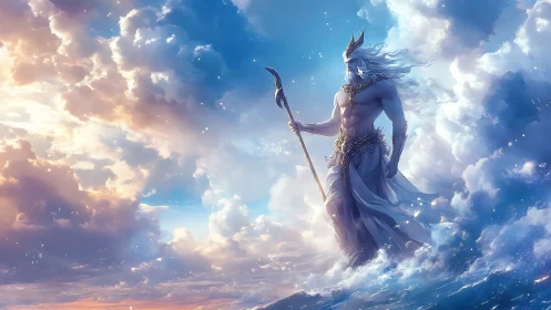 Mythic ocean sovereign emerging through volumetric clouds.