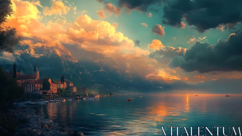 Mountain lake shoreline town under dense evening cloud light