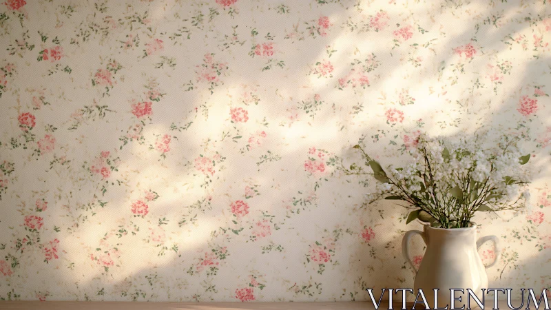 Vintage Floral Wallpaper with White Pitcher and Daisies.