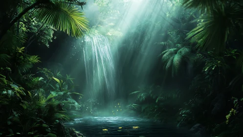 Underground waterfall within dense vegetation and light structure.