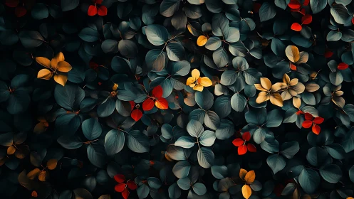 Moody foliage glows with golden and crimson accents in shadow