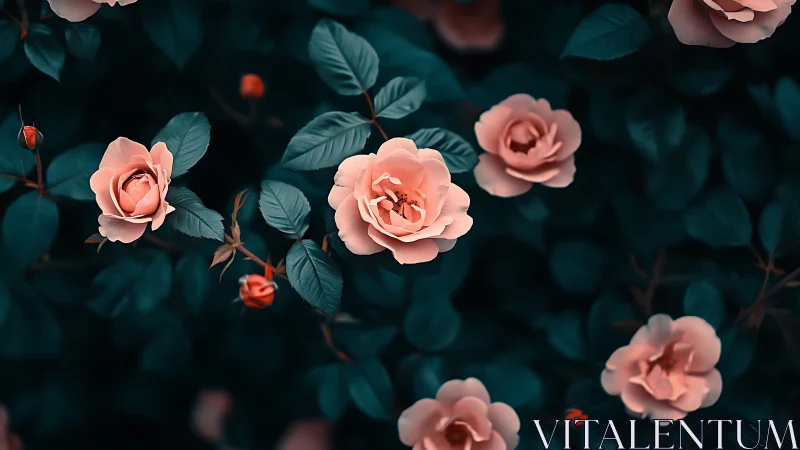 Blush Roses Dance Among Moody Teal Foliage