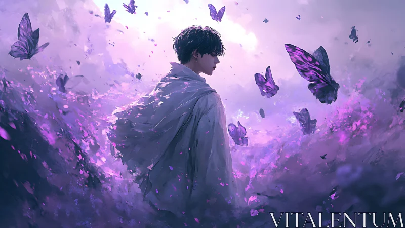 Atmospheric portrait with iridescent violet butterfly swarm.
