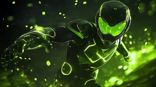 Neon-slick cyber warrior lunging through liquid light storm.