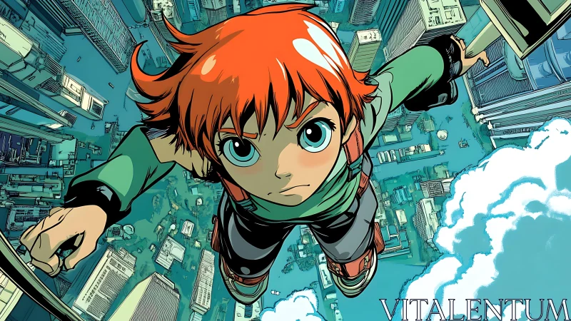 Dynamic red-haired hero soaring above teal cityscape.