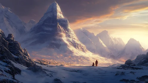 Pilgrims beneath a dawn-lit titan of winter mountains.