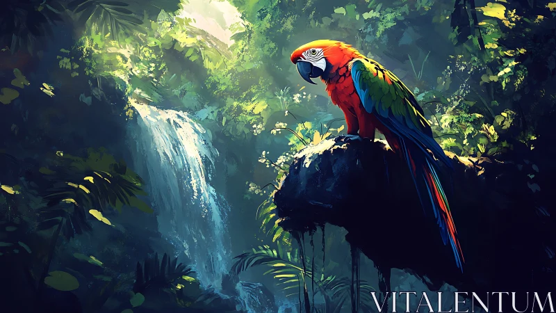 Scarlet macaw perches on mossy rock above jungle waterfall