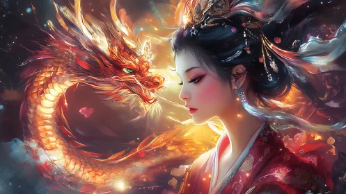 Regal dragon coils beside serene imperial woman in firelight
