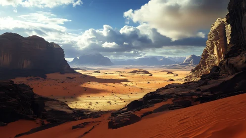 Sunlit desert amphitheater under roaming storm clouds.