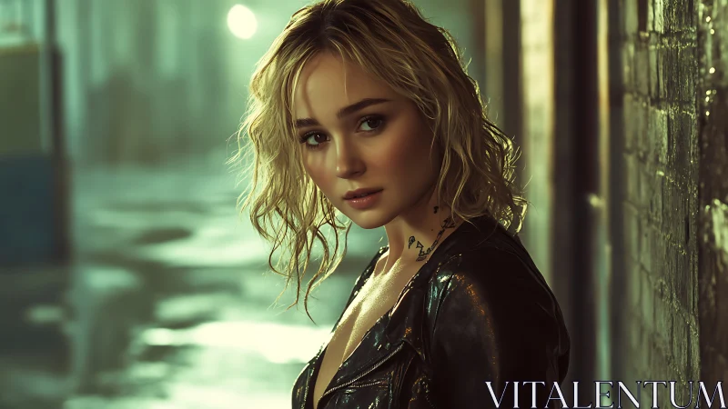 Rainlit alley rebel in slick leather and soft neon hush.