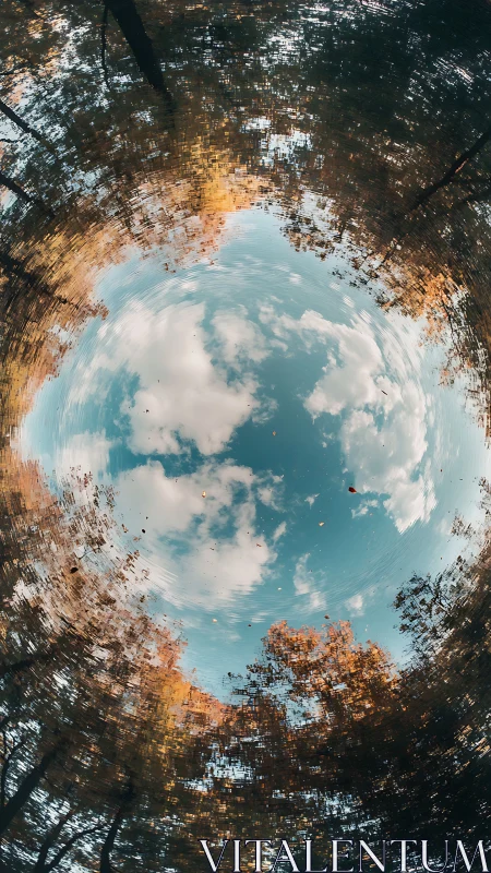 Spinning autumn forest portal framing a soft blue sky.