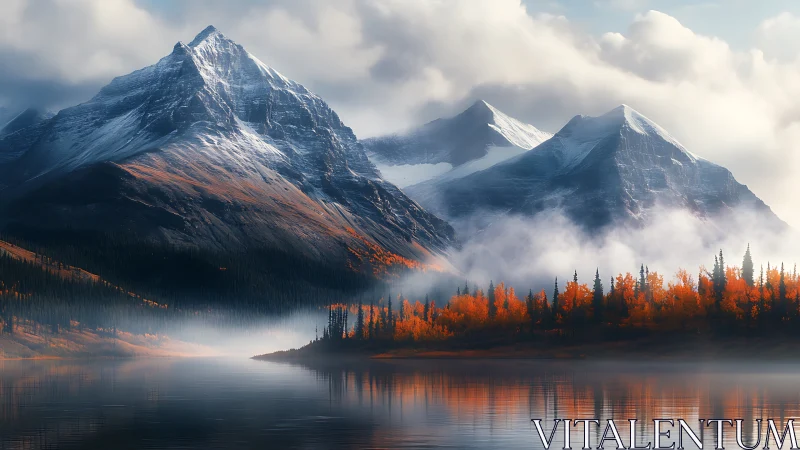 Crimson trees whisper beneath brooding, snowlit mountain guardians