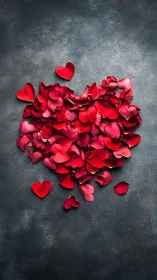 Red Rose Petals Form a Heart on Textured Gray Surface